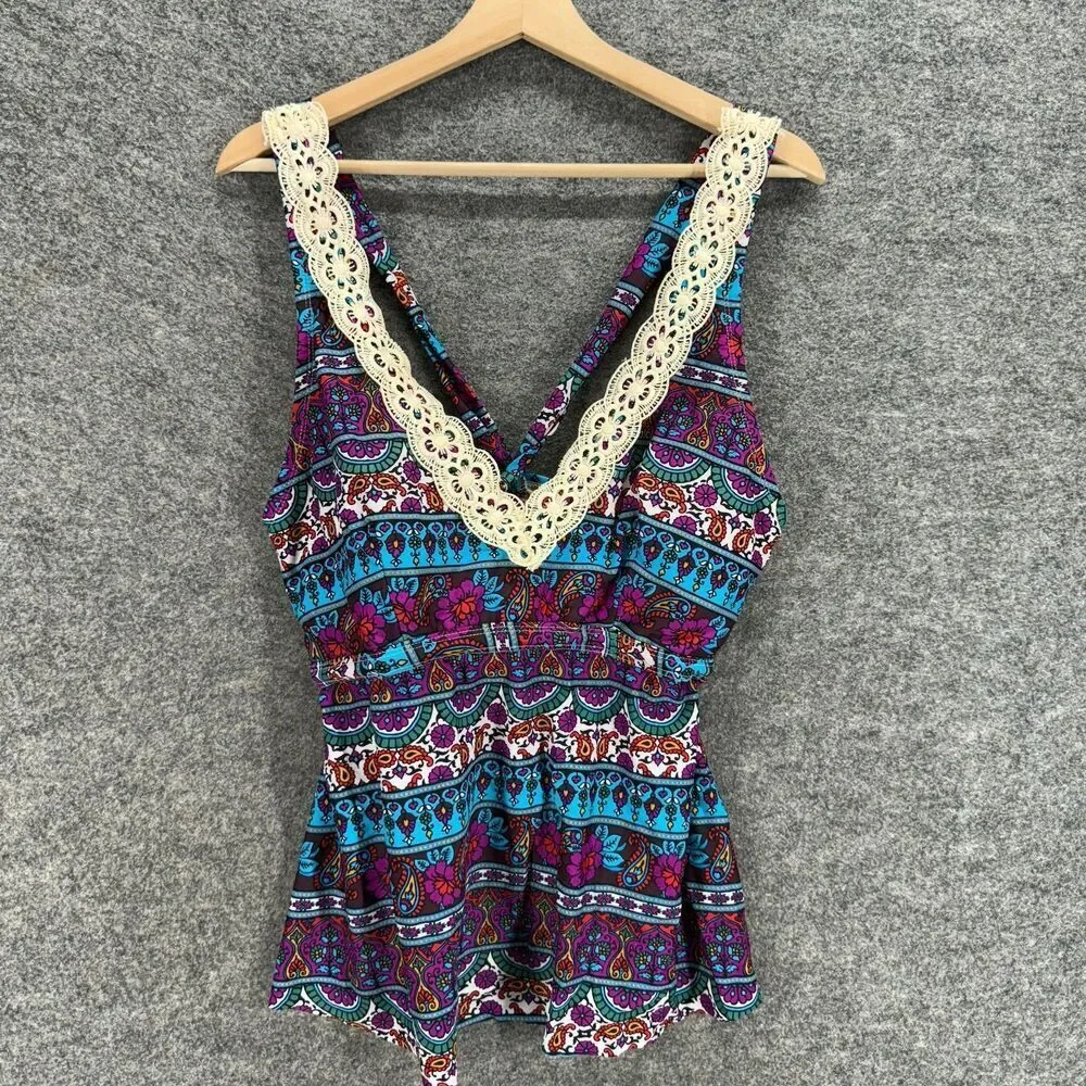 Sunshine Tankini Top Women 20/22 Plus Blue Striped V-Neck Push Up Sleeveless
